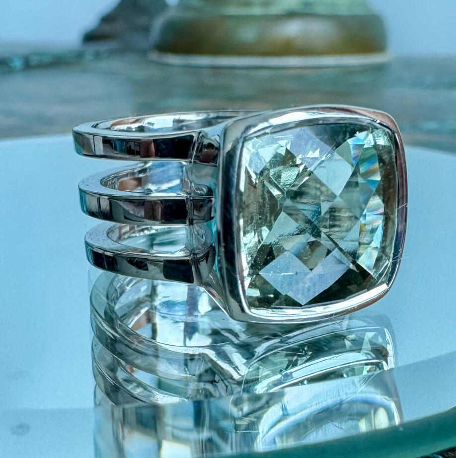 Green Amethyst Three Band Ring in silver